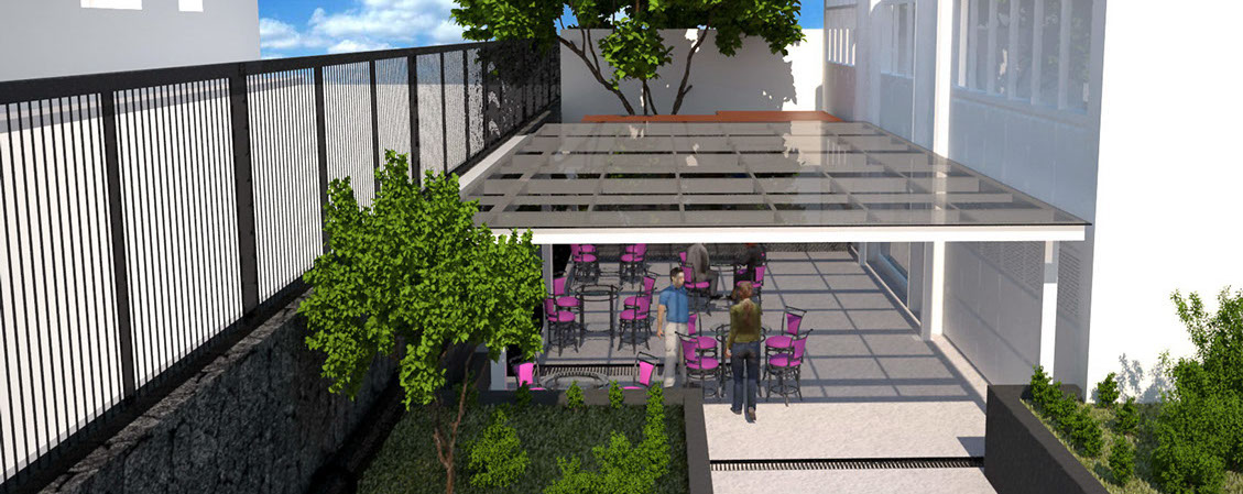 Render de cafetería al aire libre con cubierta de cristal